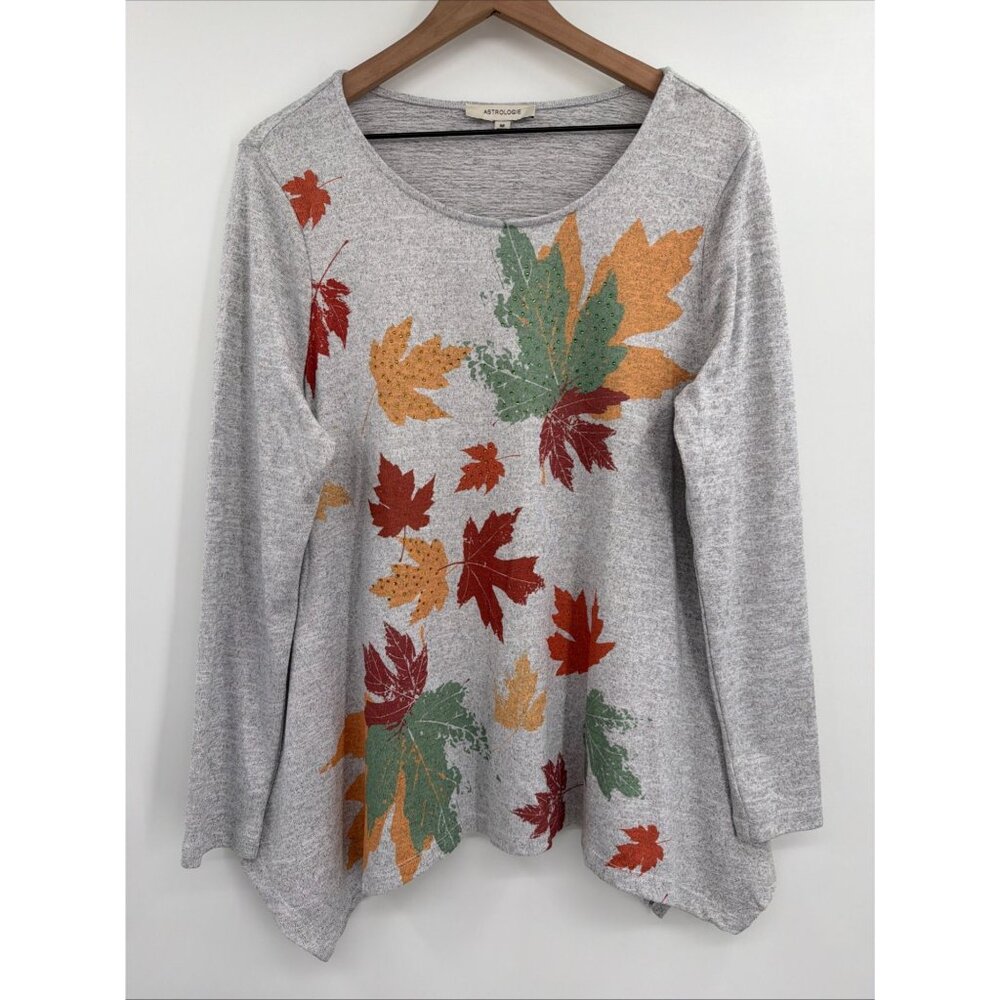 Astrologie Tunic Top Women Medium Gray Autumn Leaves Asymmetric Hem Rhinestones